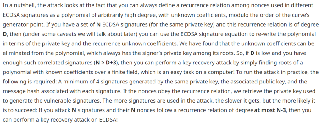 POLYNONCE ATTACK use BITCOIN signatures as a polynomial to an arbitrarily high power of 128 bits to obtain a private key